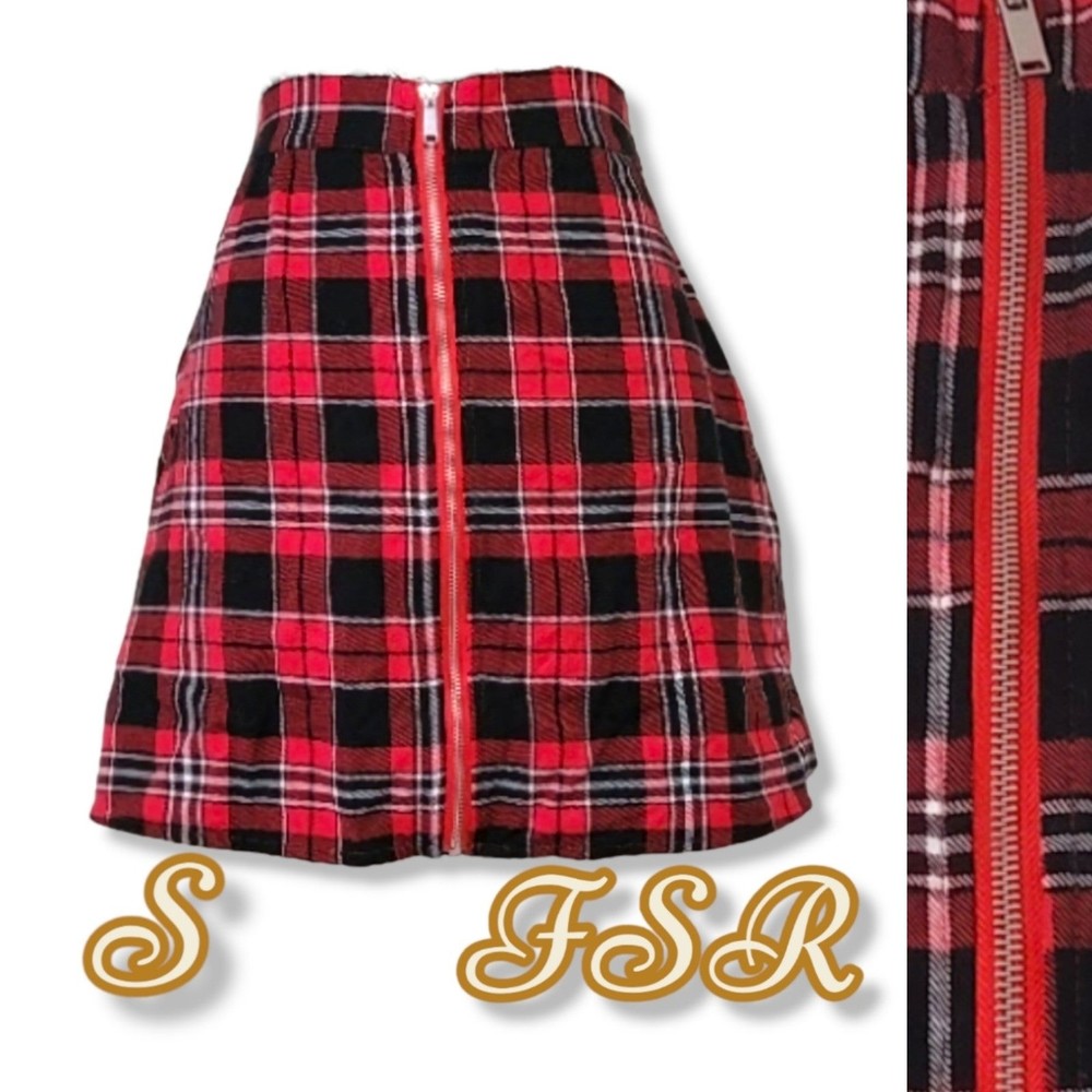 FSR Plaid Mini Skirt Zipper Red Black S y2k School girl Emo